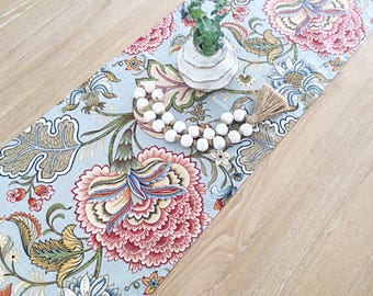 Floral Linen Table Runner: Hampton's Coastal Decor Duck Egg Blue Floral Tablewear