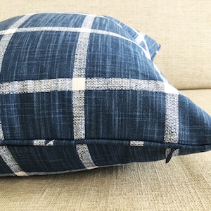 May include: A blue and white plaid throw pillow with a zipper closure.