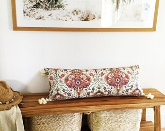 Long Lumbar Pillow Moroccan Boho Style with tassels.