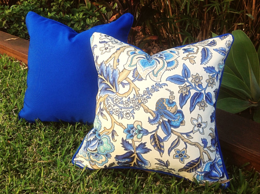 Imperial Azure Blue Outdoor Cushions, Floral Outdoor Pillows, Cushion