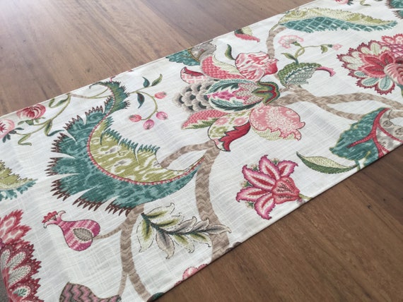 Floral Linen Table Runner: Hampton's Style Raspberry Teal Decor