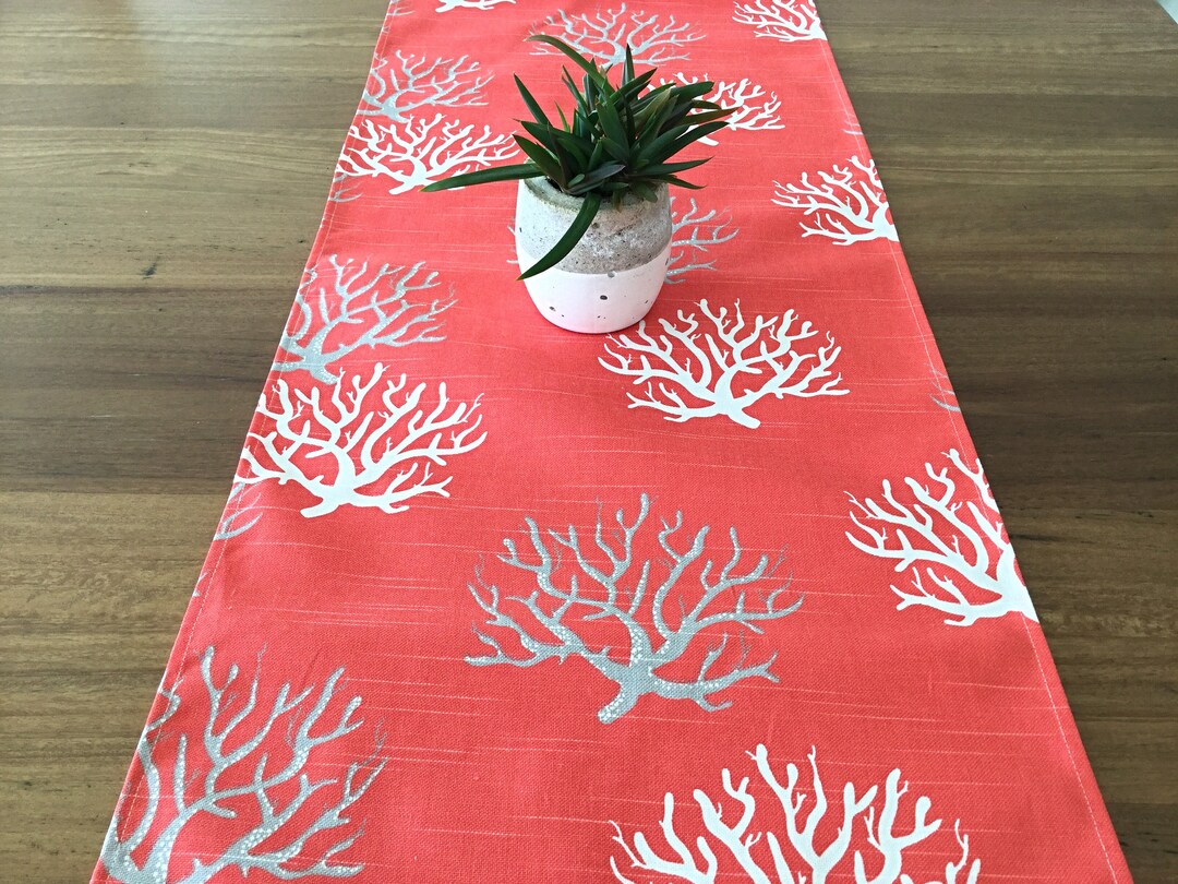 Table Runner Coastal Decor, Decor, Coral Table Runner. Navy Table