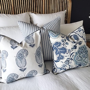 Hamptons Style Cushions, Linen Cushions, Jacobean Pillows, Hampton&#39;s Pillows, Cover Only. Blue & White Cushions, Scatter Cushion covers.