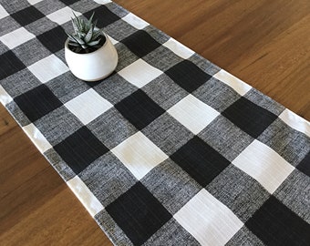 Modern Farmhouse Luxe Indoor/Outdoor Table Runner. Coastal Beach House Decor. Black and White Checks Table Runner