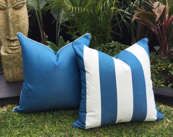 Blue and White Striped Outdoor Cushions, Sunbrella Outdoor Fabric Cabana Stripe Outdoor Cushions Scatter Cushions Modern Pillows.