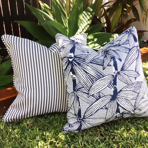 Hamptons Style Outdoor Cushion Covers, Ticking Stripe Outdoor Pillow Cover, River Cane Outdoor Navy Cushion Cover