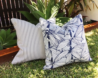 Hamptons Style Outdoor Pillow Cover: Ticking Stripe & River Cane Navy