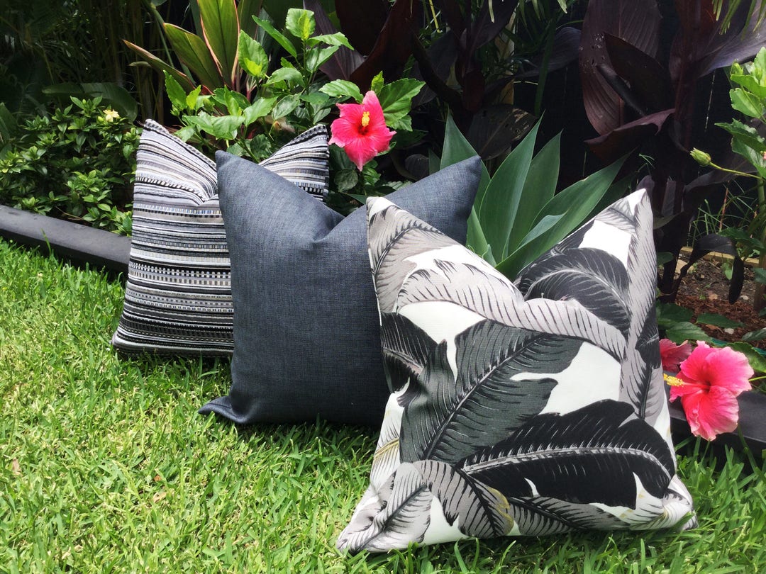Outdoor Cushion Covers Palm Leaf Charcoal Outdoor Cushion Covers Grey Outdoor Pillows Tropical Pillow Cushion Covers Tropical Pillows Etsy