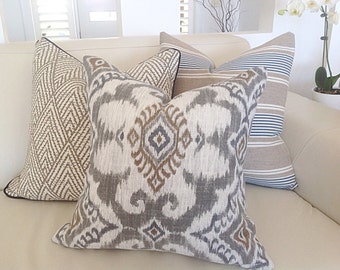 Linen Cushions Coastal Cushions, Nautical Stripe, Ikat, Tahitian Stitch Design  Natural, Ivory, Blue Scatter Cushions, Cover Only