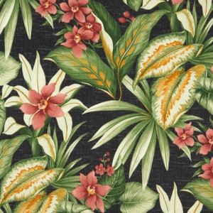 May include: A tropical floral fabric featuring a dark background with a dense pattern of green leaves, orange-yellow accents, and red flowers. The design evokes a lush, exotic garden, suitable for upholstery or decorative projects.