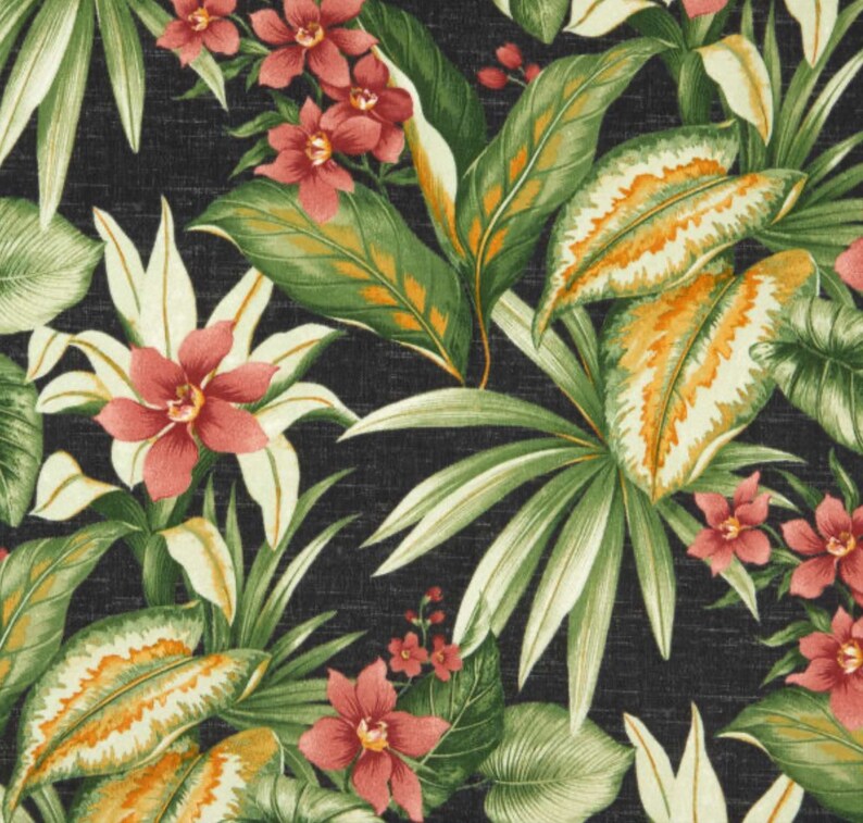 May include: A tropical floral fabric featuring a dark background with a dense pattern of green leaves, orange-yellow accents, and red flowers. The design evokes a lush, exotic garden, suitable for upholstery or decorative projects.