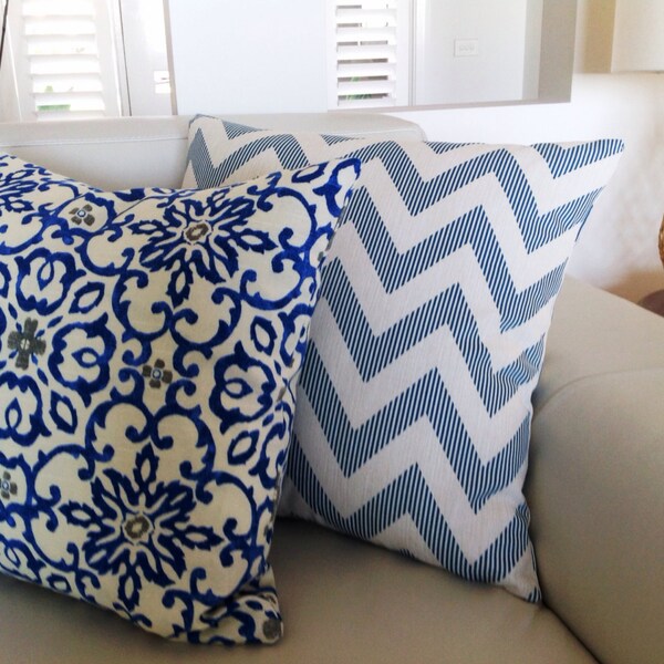 Indigo Blue Bohemian & Chevron Cushions, Moroccan Pillows Indigo cushions Zig Zag Blue Decorative Pillows Moroccan Pillow