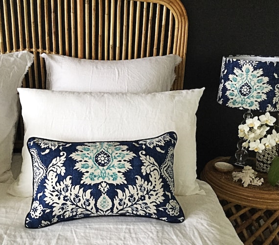 Aqua Floral Cushion Cover, Royal Blue Geometric Pillow, Coastal Decor