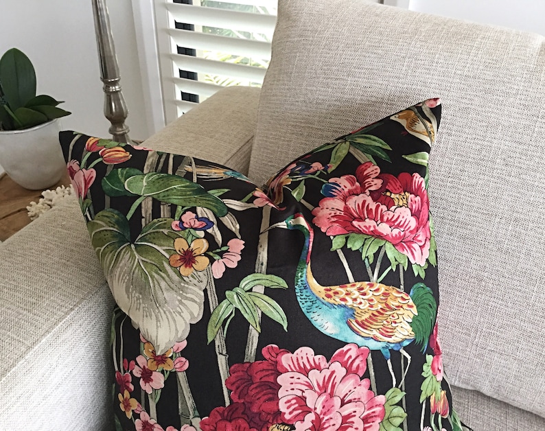 Black Cushions. Birds and Flowers Peace Garden Floral Pillows Green Cushions Vintage Style Floral Cushion Cover Pink Colourful Ivory
