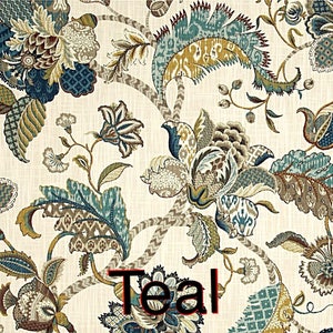 May include: Teal floral fabric with a white background. The fabric features a repeating pattern of stylized flowers and leaves in shades of teal, brown, and gold.