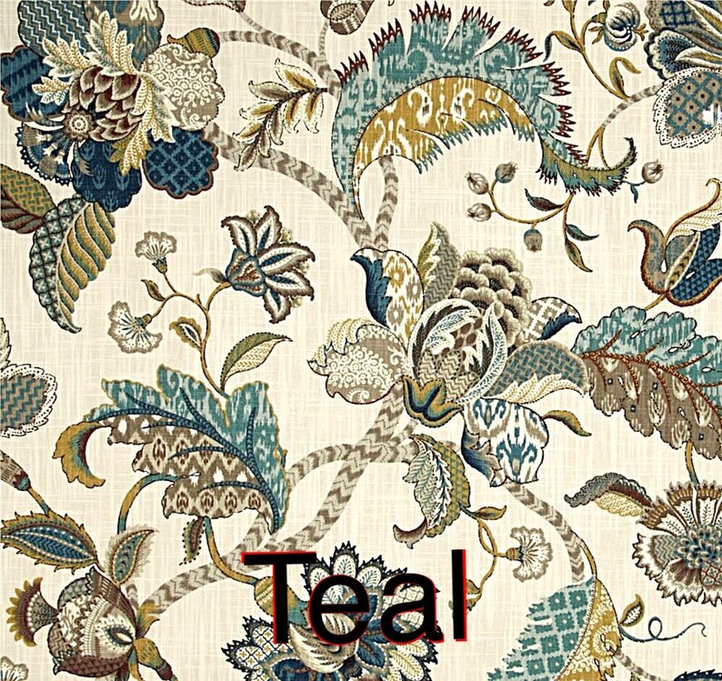 May include: Teal floral fabric with a white background. The fabric features a repeating pattern of stylized flowers and leaves in shades of teal, brown, and gold.