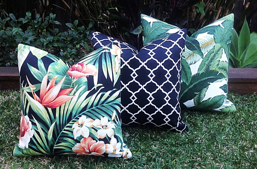 Palm Leaf Cushions, Black Tropical Outdoor Cushions, Black Geometric