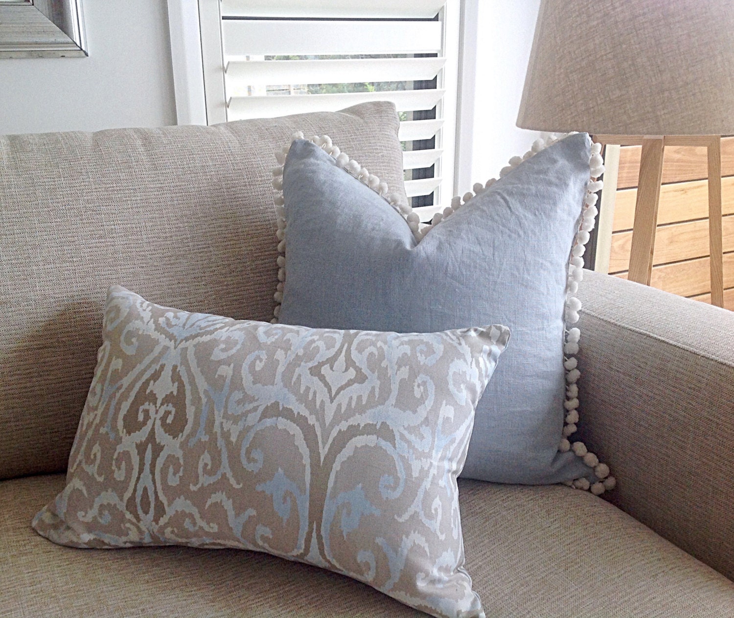 IKAT Cushions, Pale Blue Pom Pom Cushions, Cushion Cover, Cushions