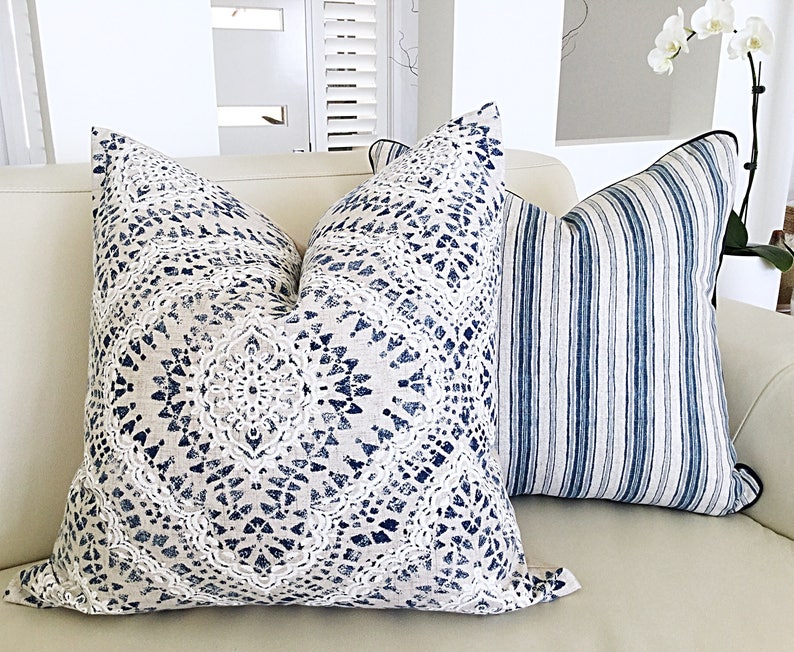Damask Cushion Cover Denim Blue Cushions Boho Style Cushion Etsy