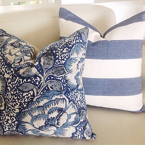 Hamptons Navy Blue and Off White Stripe Cushion Cover Coastal Nautical Tassel 