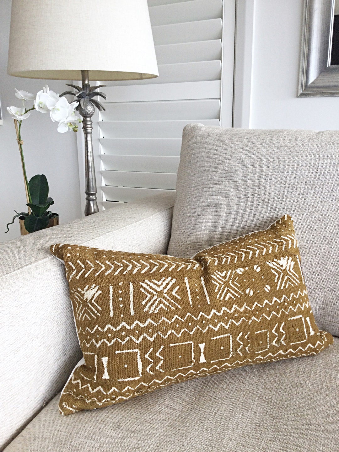 African Mud Cloth Cushions, Tan Cushion Cover, Lumbar Pillow, Tribal