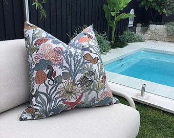 Tropical Pillow. Decorative Cushion with tropical underwater design of fish and coral embroidered.