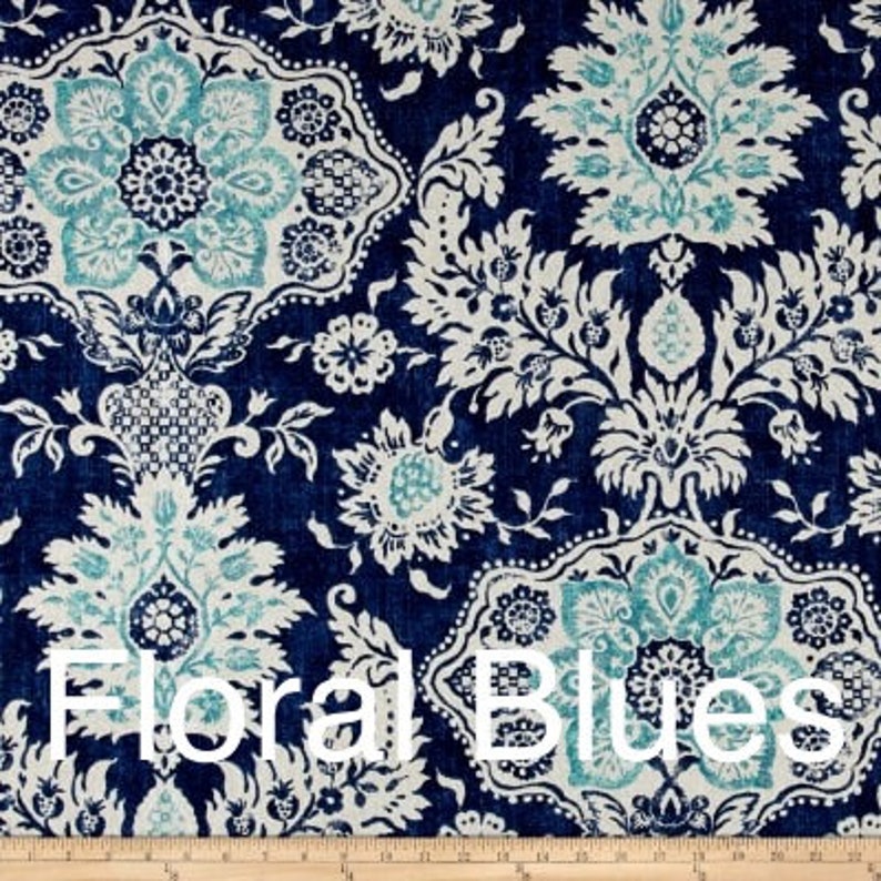 May include: A close-up of a fabric with a repeating floral pattern in shades of navy blue, white, and teal. The text "Floral Blues" is displayed in white across the bottom of the image. The design features stylized flowers and foliage.