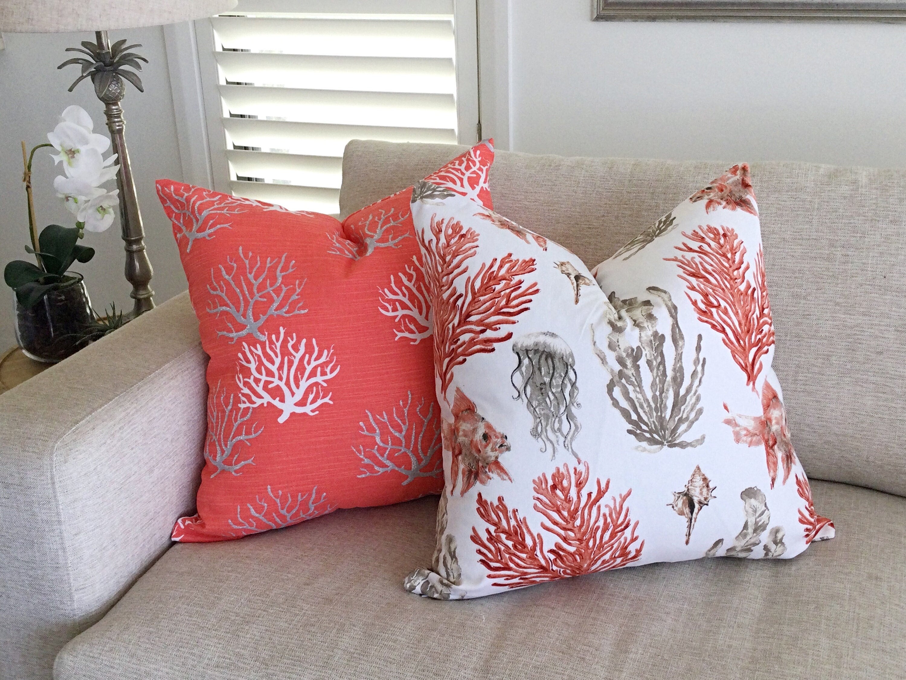 Coastal Cushions Beach House Pillows Cushion Cover Only Coral Nautical Beach Design Natural blue Toss Pillows Scatter Cushions Etsy