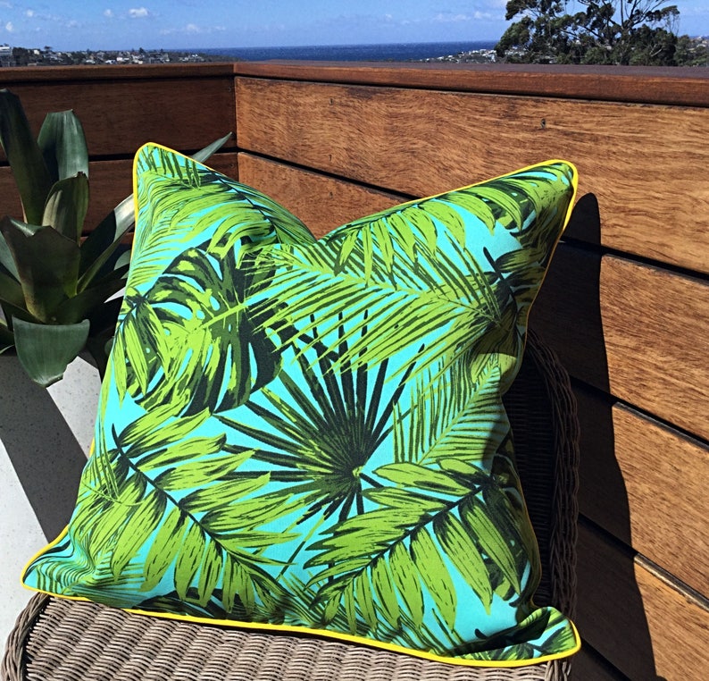 Outdoor Cushions Aruba Palm Leaf Tropical Pillows, Tropical Cushion Covers, Turquoise Cushions, Scatter Cushion, Blue & Green Pillows image 1