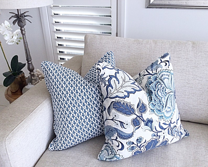 Hamptons Style Cushions, Linen Cushions, Jacobean Pillows, Hampton's Pillows, Cover Only. Blue & White Cushions, Scatter Cushion covers. image 2