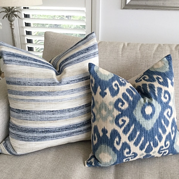 Pillows, Cushions, IKAT Cushions, Linen Cushion Cover Only. Coastal Boho, Ikara Indigo Natural Blue, Aqua Beach Bohemian Boho Style