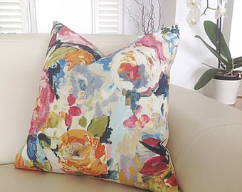 Abstract Floral Linen Cushion Cover: Colorful Peony Throw Pillow