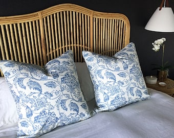 Powder Blue Floral Linen Cushion Cover: Jacobean Floral, Hamptons Style