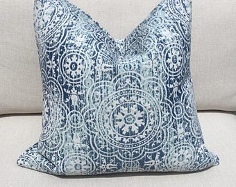 Aqua Blue Outdoor Pillow Cover. Moroccan tile theme. Boho style outdoor cushion. High end fabric.