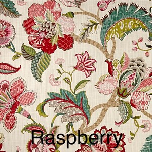 May include: A floral fabric with a cream background and a repeating pattern of pink, red, and green flowers. The text "Raspberry" is printed in black at the bottom of the image.