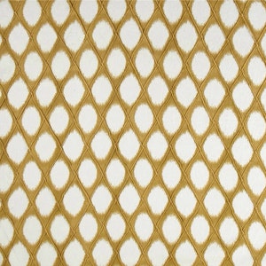 May include: A white and gold fabric with a repeating pattern of white circles surrounded by a gold diamond shape.