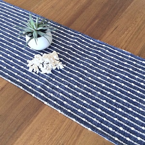 Marine Blue Stripe Table Runner: Woven Linen Rayon Coastal Decor