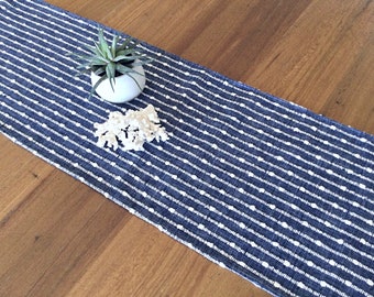 Marine Blue Stripe Table Runner: Woven Linen Rayon Coastal Decor