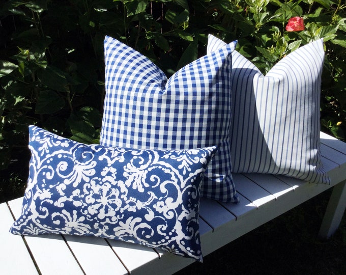 Hamptons Outdoor Cushions, Navy Blue and White Outdoor Pillows, Cover