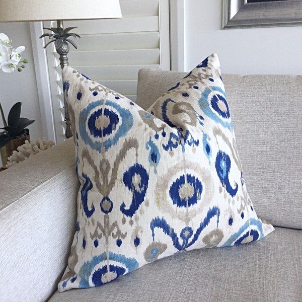 Linen cushions,  Ikat Cushions, Ikat Pillows, Holiday River Blue, Natural, Gold Cushion Cover, Pillows, Scatter Cushions.