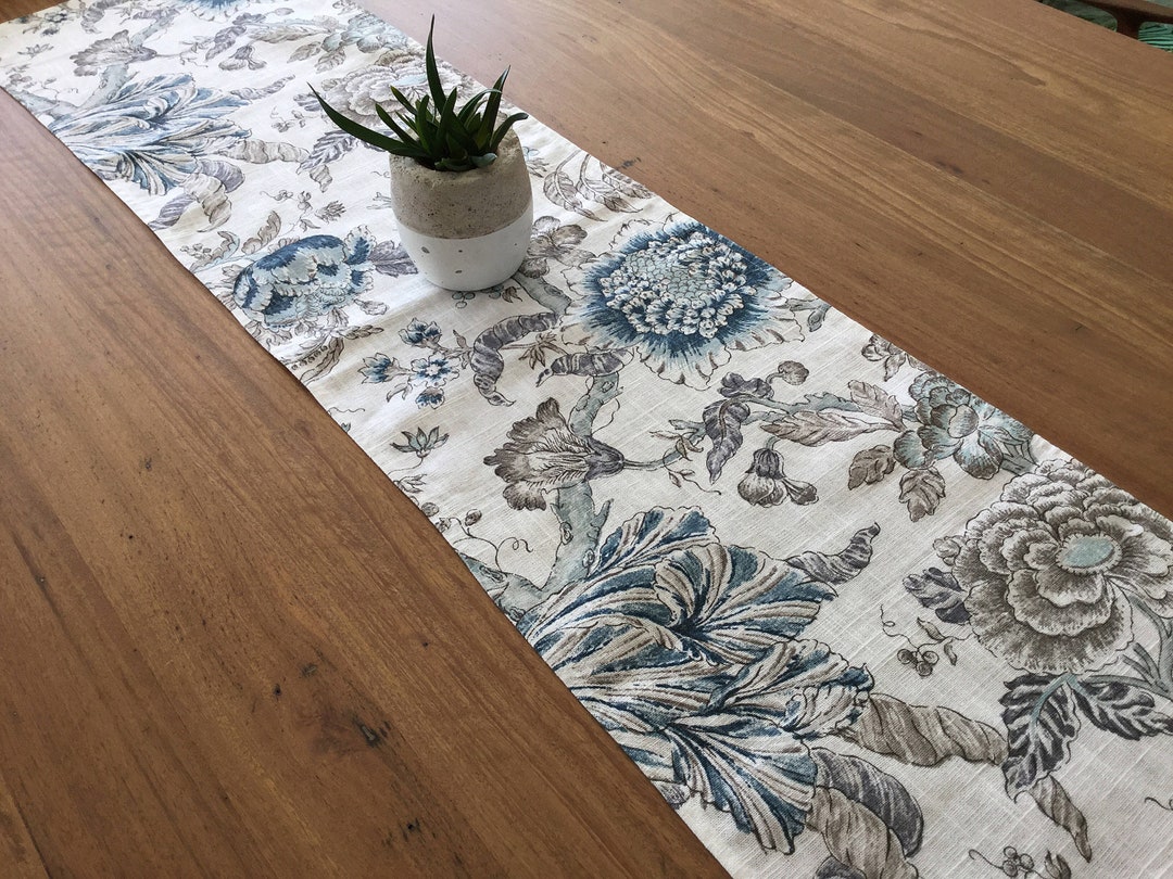 Hampton's Style Floral Linen Table Runner. Coastal Beach House Decor