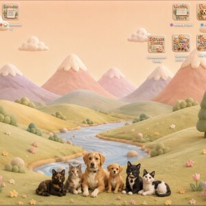 Könnte beinhalten: Ein digitales Desktop-Hintergrundbild mit einer sanft getönten Landschaft aus pastellfarbenen Bergen, grünen Hügeln, einem gewundenen blauen Fluss und einer zentralen Gruppe von sechs Haustieren, Hunden und Katzen, umgeben von App-Symbolen mit Text.