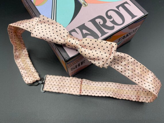 Vintage 50s Pink Satin Polka Dot Bow Tie - image 1