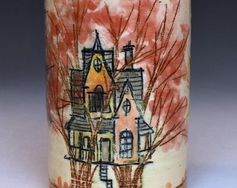 Handmade Gothic Gables Ceramic Treehouse Tumbler or Utensil Cup