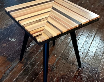 Mixed species striped wood modern chevron pattern end table or nightstand