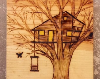 Woodburned Treehouse Sketch on Wood Plate