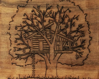 Woodburned Treehouse Sketch on Wood Plate