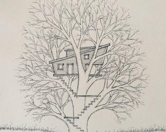 Treehouse sketch in ink on Canson paper