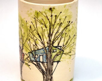 Handmade Mid Mod Style Ceramic Treehouse Tumbler or Utensil Cup