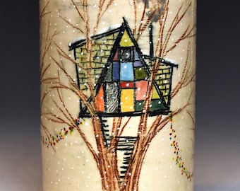 Handmade Aframe Style Ceramic Treehouse Tumbler or Utensil Cup
